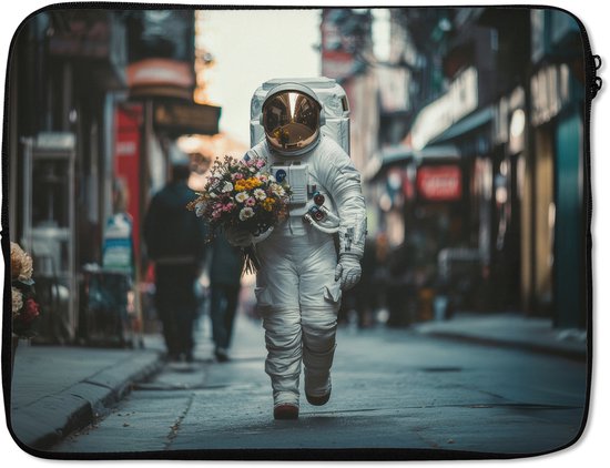 Laptophoes 17 inch - Boeket - Bloemen - Kleurrijk - Astronaut - Laptop sleeve - Binnenmaat 41x28 cm - Zwarte achterkant