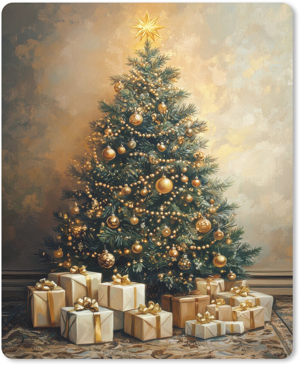 Muismat 19x23 cm - Mousepad Kerstboom - Cadeaus - Goud - Muismatten