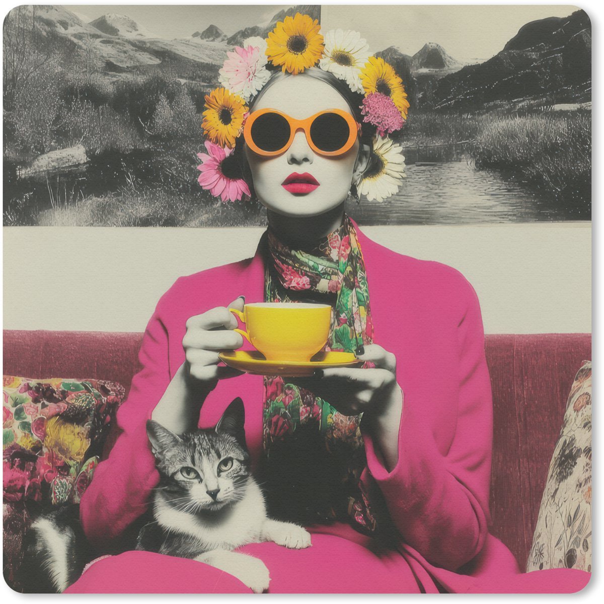 Muismat 20x20 cm - Mousepad Vrouw - Kat - Bloemen - Kopje - Retro - Muismatten