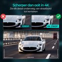 Vergelijking 1080P vs 4K 2160P dashcam, toont witte sportauto en snelweg.