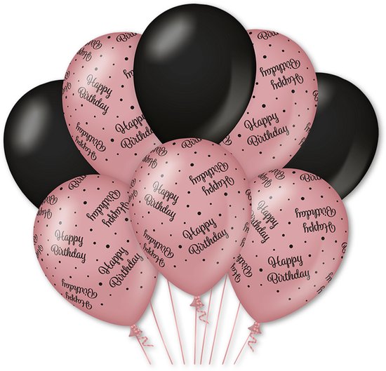 Q2P - Happy Birthday Ballon - Verjaardag Versiering - Rosegoud & Zwart - Latex Ballon - Helium Geschikt - Feest Decoratie