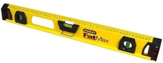 Gele Stanley FatMax waterpas met drie libellen en een handvat. De waterpas heeft markeringen van 0 tot 27.