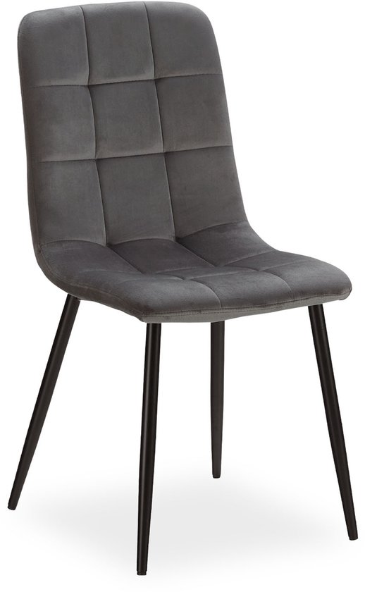 Chaise de salle à manger grise en velours avec surpiqûres carrées et pieds noirs.
