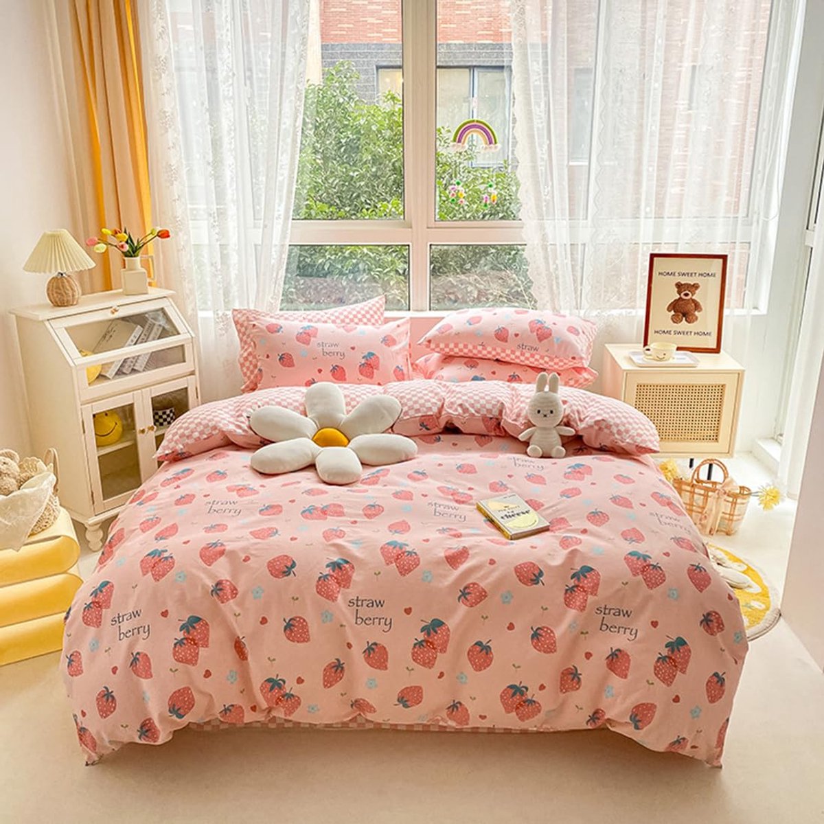 Unyqoos Roze microvezel beddengoedset met aardbeien en ritssluiting voor meisjes
