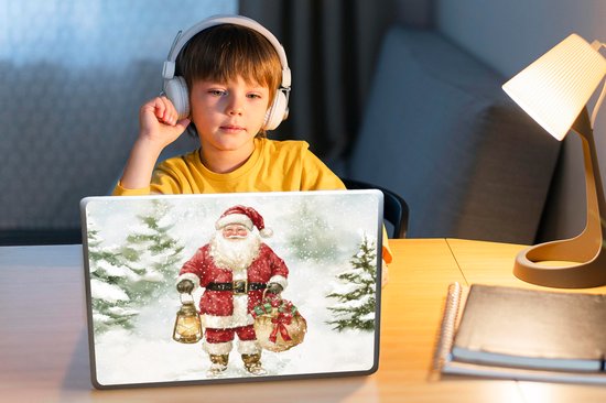 Laptop sticker - 11.6 inch - Kerstman- Winter - Sneeuw - Wit - Rood - 30x21cm - Laptopstickers - Laptop skin - Cover