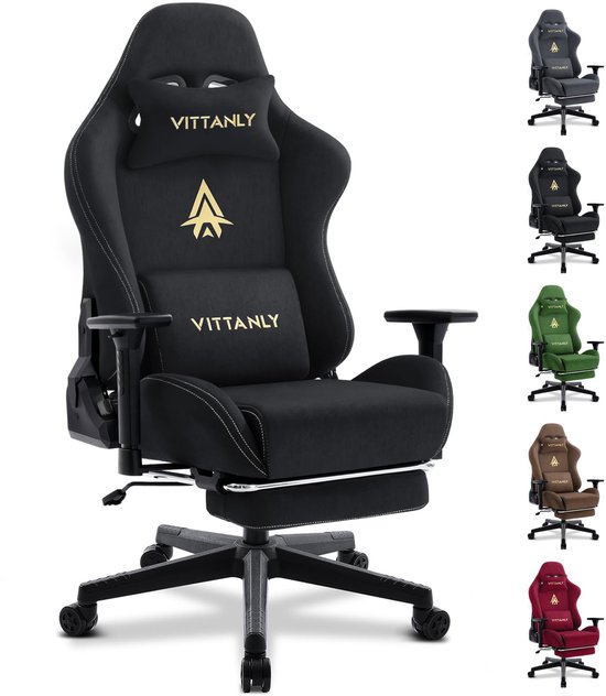 Fauteuil de Gaming Vittanly - Fauteuil de jeu de luxe en suédine - Fauteuil de bureau ergonomique avec repose-pieds, appui-tête et coussin lombaire, accoudoirs 3D, dossier inclinable de 90° à 155°, noir