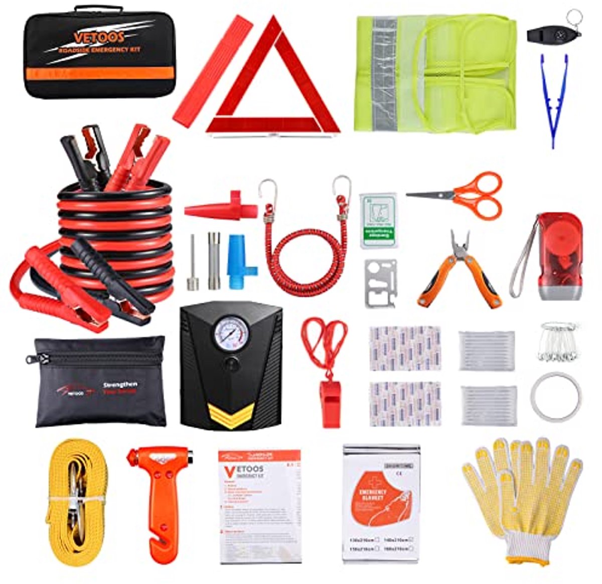EHBO Auto Noodkit met Startkabels en Draagbare Compressor - Winterveiligheid Kit voor Auto's met Eerste Hulp en Sleeptouw