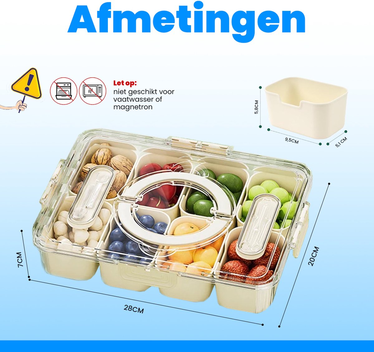 LifeLux Snackbox / Lunchbox met vakjes & Handvat – 8 Compartimenten snackdoosjes + 2 Bestekvakjes (Niet voor vaatwasser) - Picknick box volwassenen kinderen — afbeelding 2