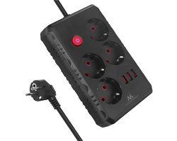 Maclean MCE393 B - Stekkerdoos met 4-polige verlengkabel en 3xUSB - 110-240V AC 50/60Hz - 2,1A max 2500W - 3m - Zwart