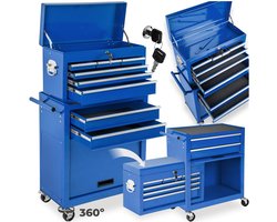 tectake® Werkplaatswagen met Kofferopzet - Afsluitbare Gereedschapswagen met 8 Laden en 2 Vakken - Mobiele Werkbank Zonder Gereedschap - Stalen Gereedschapskast met Wielen en Rem - Blauw