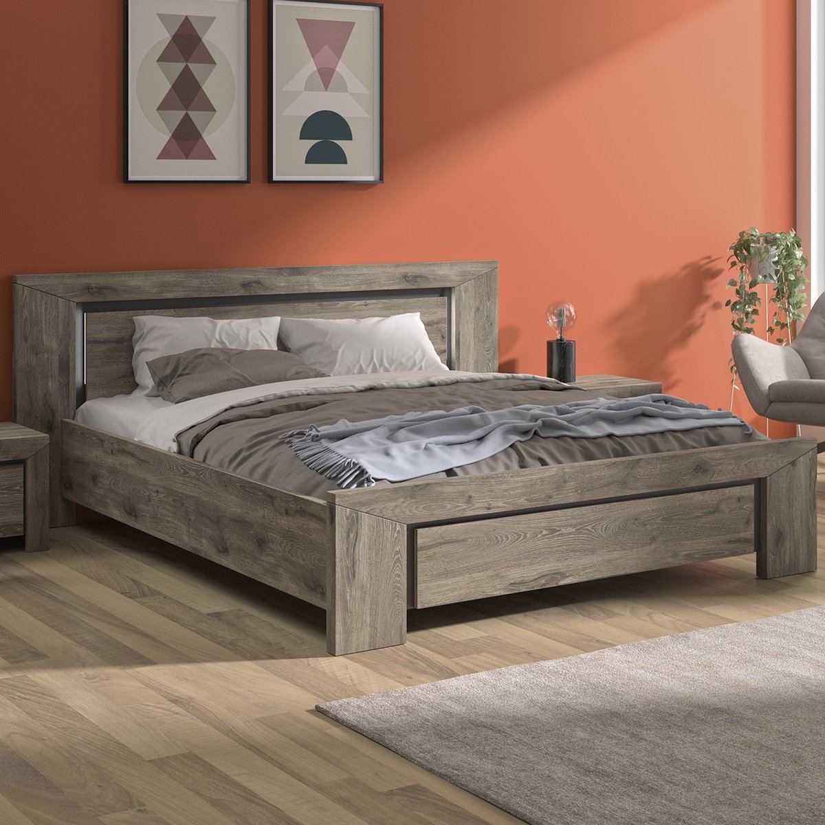 Tweepersoonsbed East 140x200 - donkere eik - Gautier - Gami - Twijfelaars - Bruin - Spaanplaat - Twijfelaars - Tweepersoons - Normaal bed