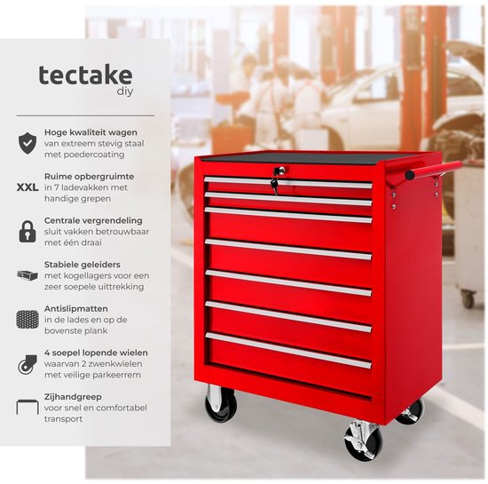 tectake® - Gereedschapswagen met 7 lades - werkplaatswagen, rijdende