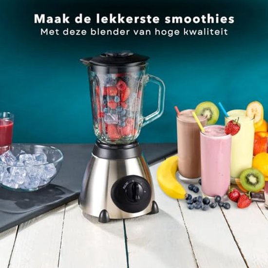 Blender Royal Swiss 1000W – Bol Verre 1.5L + Gourde, Lames Inox 6 Lames, Broyeur Glace, Smoothies, Soupes, Cocktails Faciles