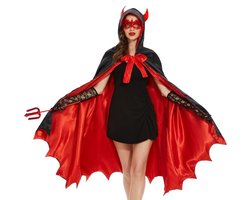 Ulikey Duivelskostuum voor dames, Halloween-kostuum, vampiercape, cape met capuchon, zwart en rood, dubbelzijdig, met duivelsvork, kanten oogklep, kanten handschoenen