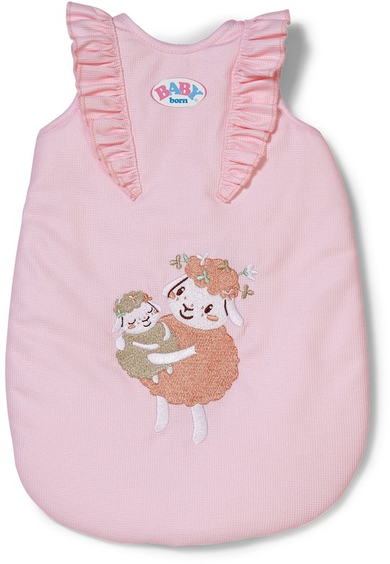 Lichtroze slaapzak met ruches en geborduurde schaapjes met bloemenkrans. BABY born logo boven.