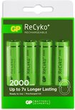 Verpakking met vier GP ReCyko+ 2000mAh oplaadbare AA batterijen. Tekst: 'Up to 7x Longer Lasting'.