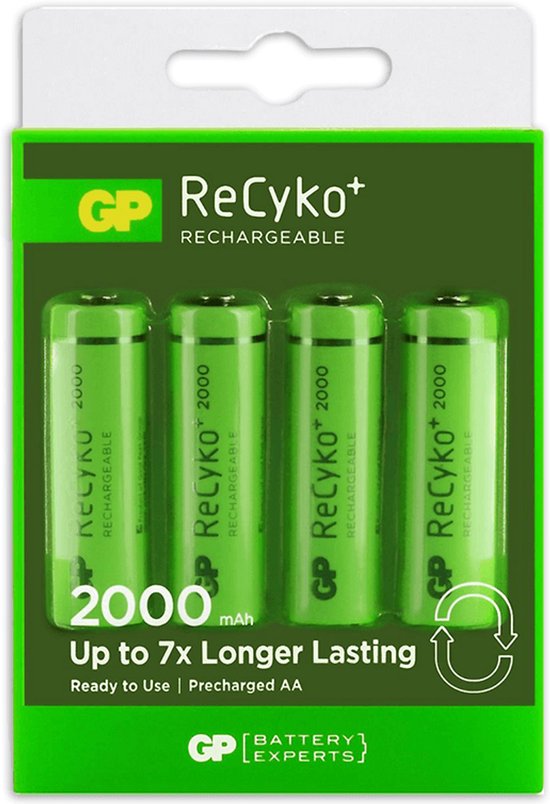 Verpakking met vier GP ReCyko+ 2000mAh oplaadbare AA batterijen. Tekst: 'Up to 7x Longer Lasting'.