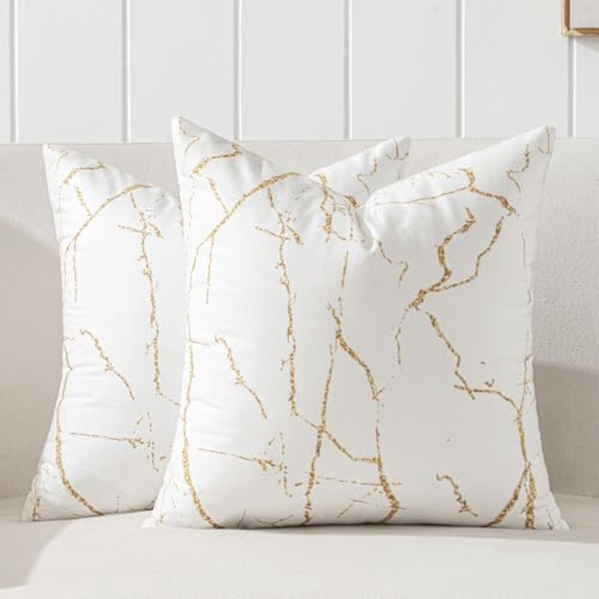 Kussenhoezen Set van 2 - 40 x 40 cm, Wit & Goud, Zacht Fluweel, Abstract Geometrisch, Wasb