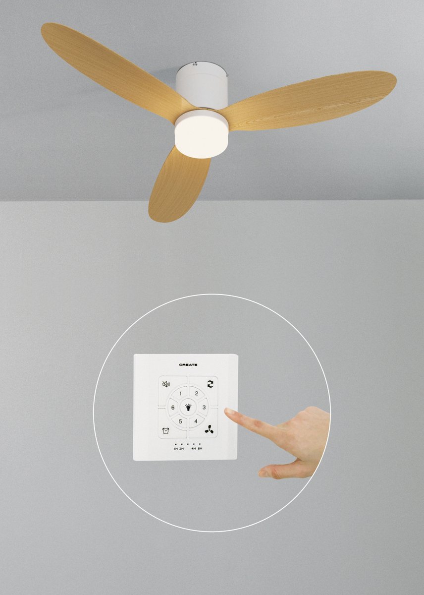 CREATE - 40W stille plafondventilator Ø132 cm - Wit / Licht hout - Met licht - Controller voor wandmontage + afstandsbediening - WIND LITE
