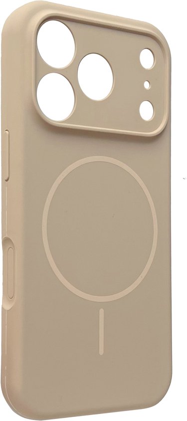 Zand beige telefoonhoesje met cirkelvormig magnetisch accent en camera-uitsparing.