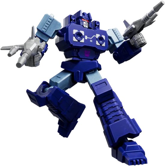 Blauwe Transformer robot met lichte blauwe ledematen, houdt twee wapens vast.