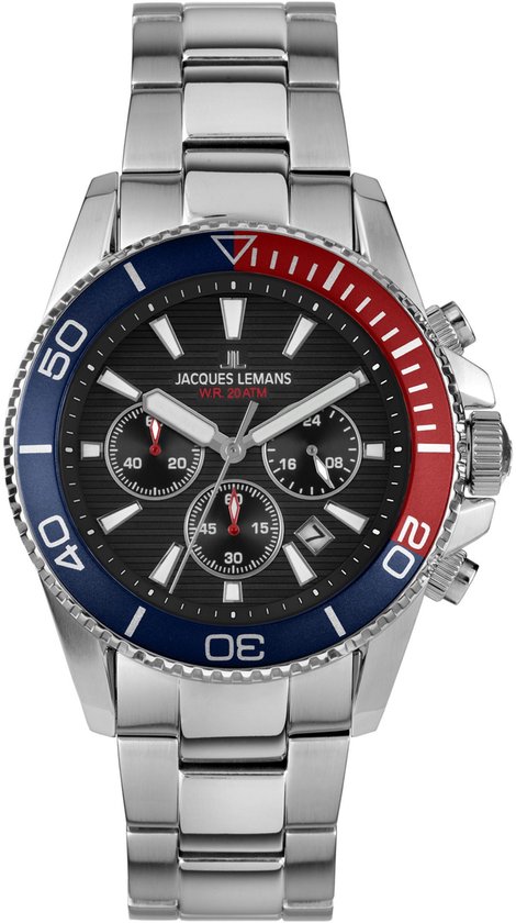 Herenhorloge met zwarte wijzerplaat, chronograaf, datum en rood/blauwe duikring.