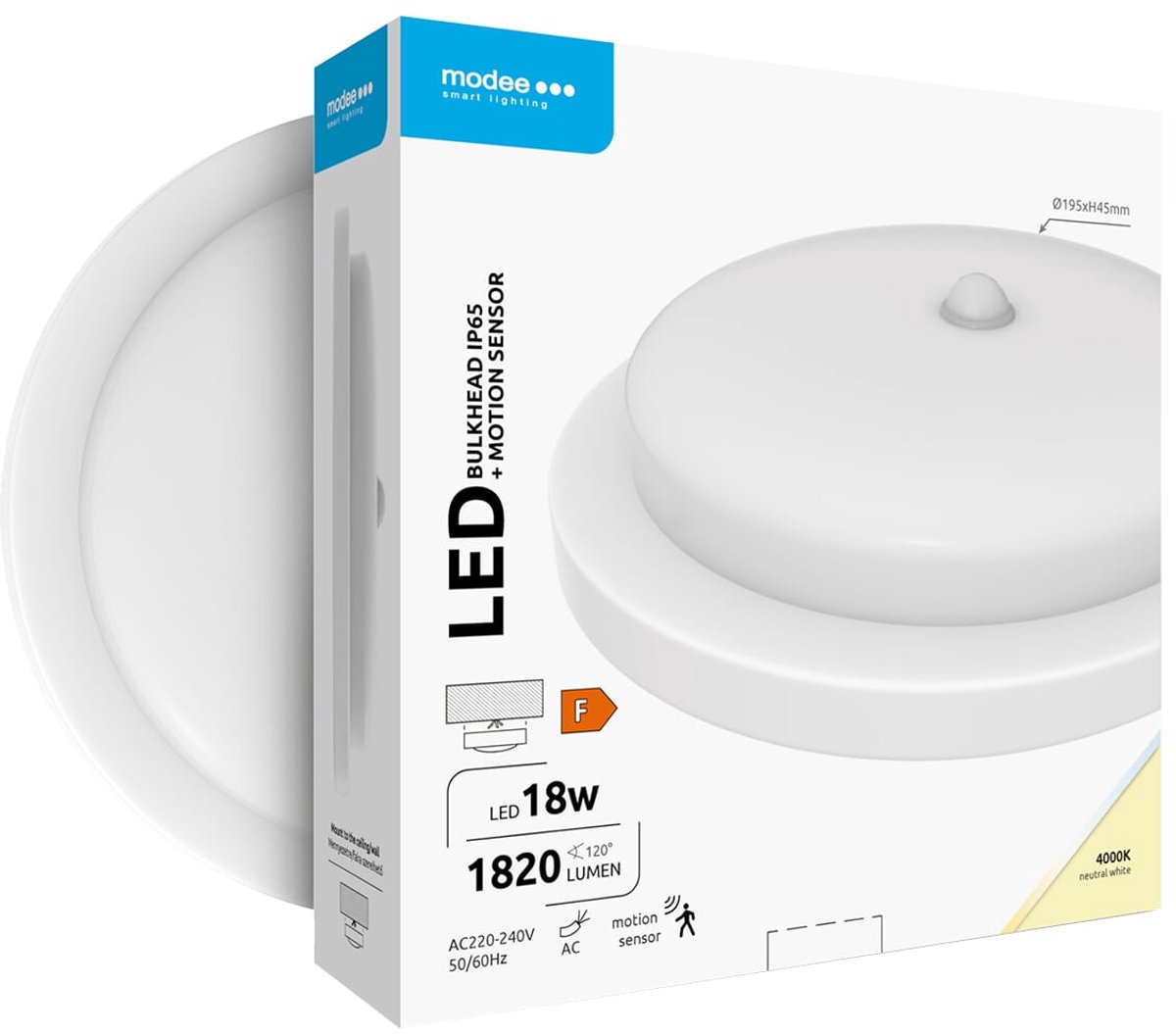 Modee Led Bulkhead Wandlamp 18W met Beweginssensor PIR - IP65 - Ø19.5cm - Neutraal Wit - Rond - Wand-/Plafondlamp - Wit