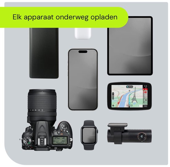 Diverse apparaten op te laden: powerbank, telefoon, tablet, camera, smartwatch, dashcam.