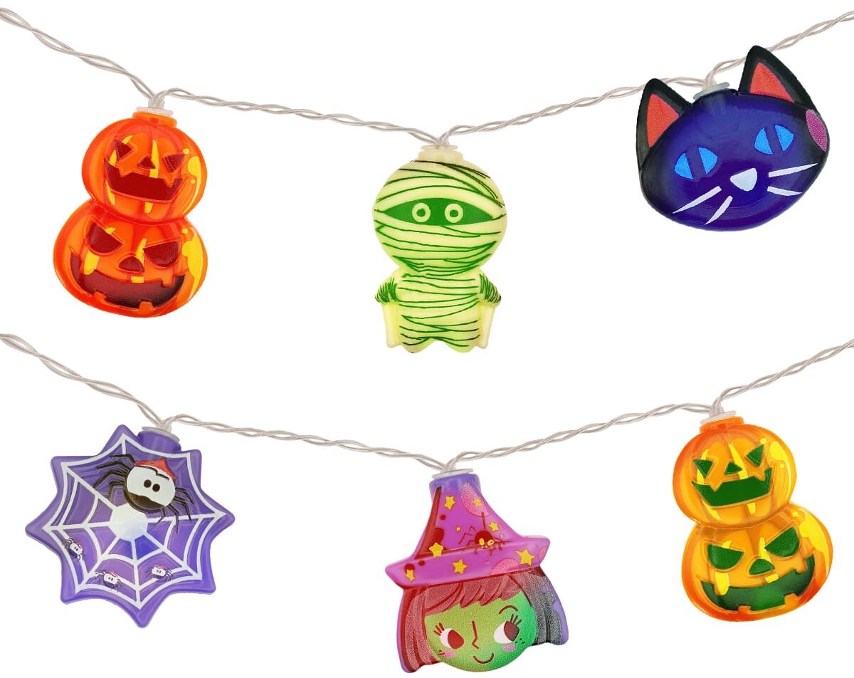 Halloween Lichtsnoer Gekleurd - 1.5 Meter - 10 LED Lampjes - Pompoen, Heks, Mummie, Kat - Inclusief Batterijen - Gekleurd Licht