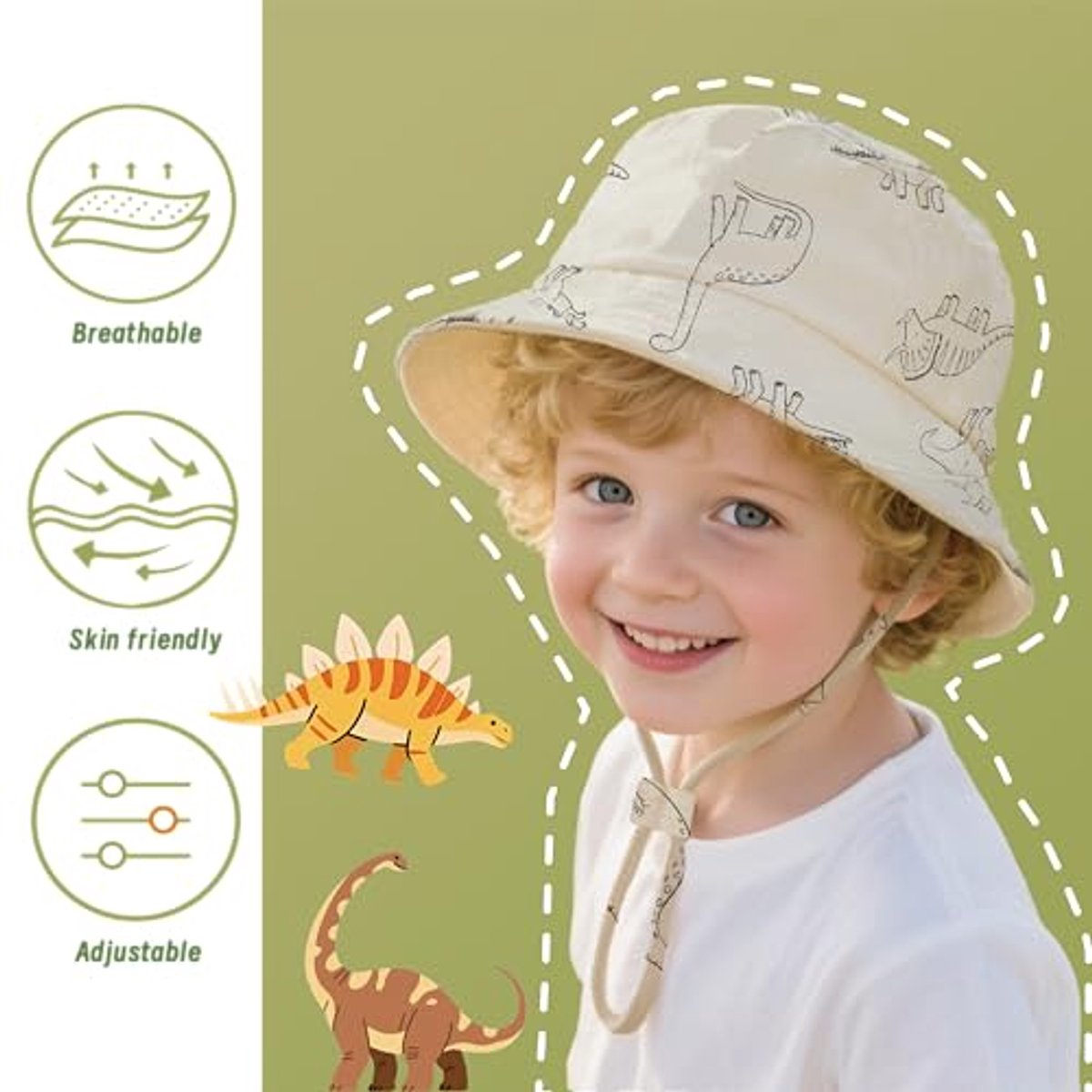 Baby Zonnehoed voor Peuters met UPF 50+ Bescherming - Dino Design, Verstelbare Zonnehoed voor Jonge Kinderen, 0-6 Maanden