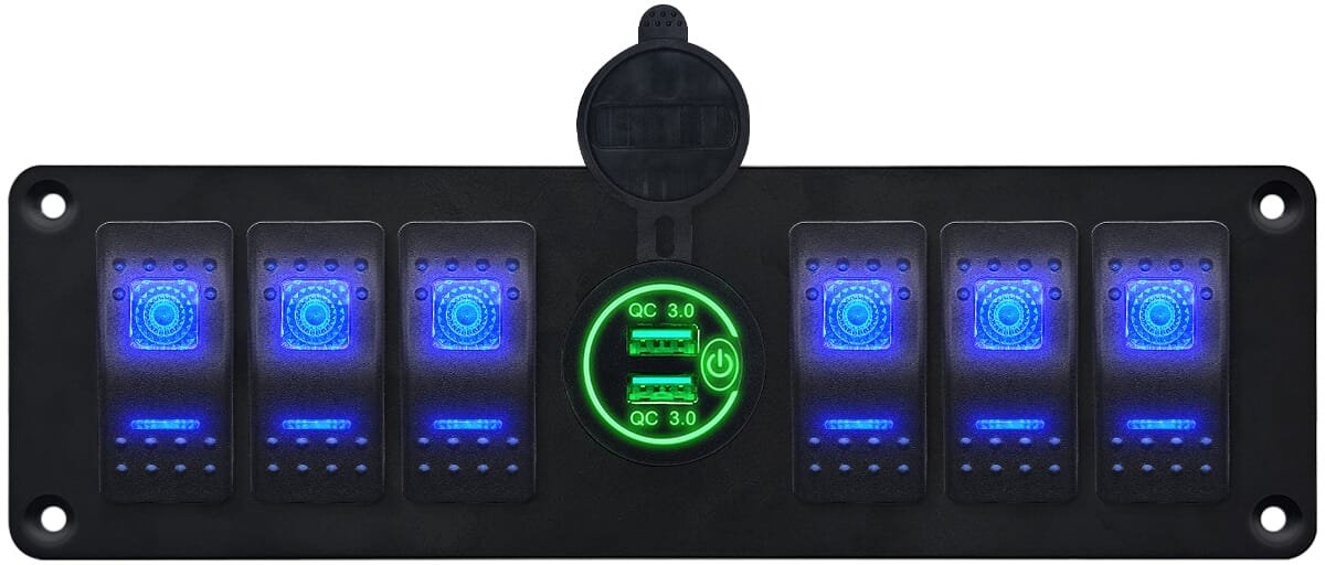 ProRide Schakelpaneel 12V voor Auto/Boot - USB Stopcontact 2 Poorten met Schakelaar - QC3.0 - PUSB1QC-G - 6 schakelaars - Groen