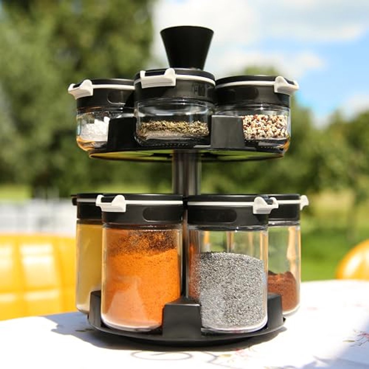 Kruidenpotjes Set met Draaibaar Rek en Innovatieve Deksel - 12 Stuks (200 ml + 85 ml)