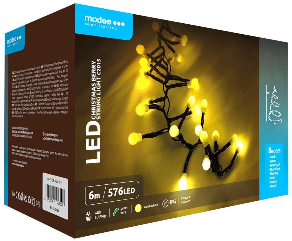 Modee Lichtsnoer Kerst 6 Meter - Buiten en Binnen - 576 LED Lampjes - Cluster Kerstverlichting - 8 Standen - Warm Wit - Per stuk
