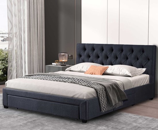 Lit double Siena 160x200 avec sommier et espace de rangement | anthracite - Rousseau - Lits doubles rembourrés - Anthracite - Tissu|MDF|Panneaux de particules - Lits doubles rembourrés