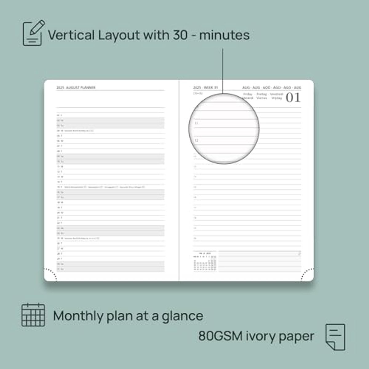 Weekly Planner en Notitieboek 2025-2026 - Soft Cover met Spiral Binding, 26.5 x 21.5 cm, Mistblauw
