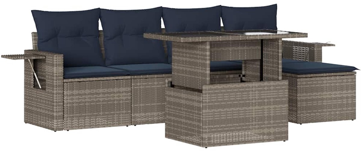 vidaXL - 6-delige - tuinbankset - met - kussens, - grijs - polyrotan