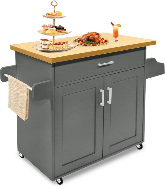 Chariot de cuisine mobile sur Roues avec plan de travail et rangement intégré, meuble de cuisine, chariot à légumes avec casier à vin, 115 x 36 x 90 Cm (Grijs)