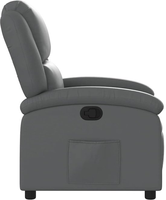 Grijze verstelbare fauteuil in kunstleer, zijaanzicht.
