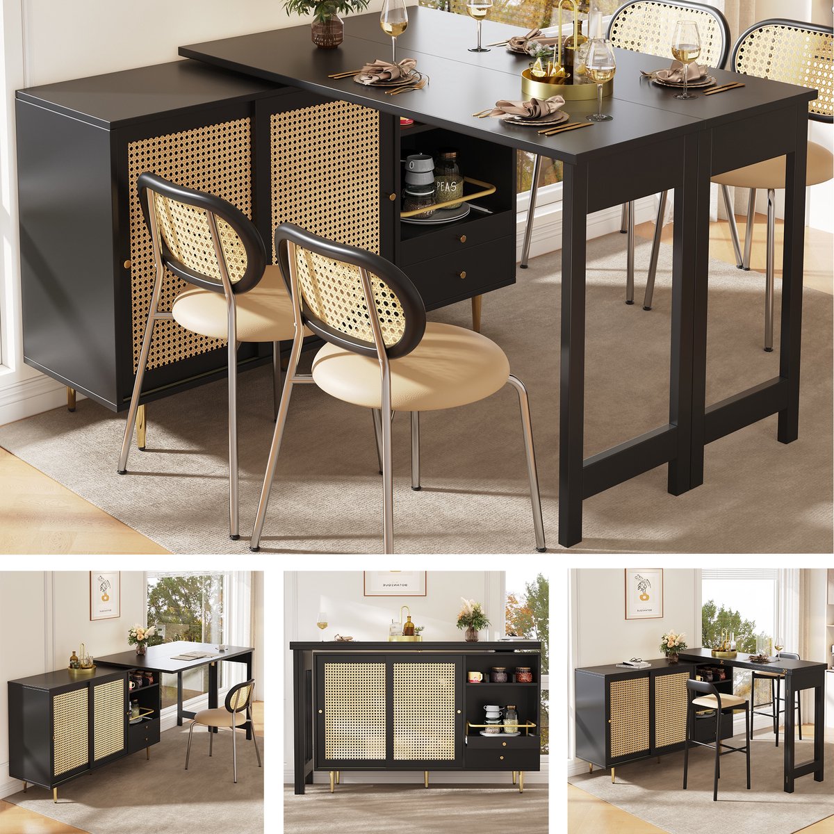 Uitschuifbare Hoge Tafel (107x40x71 cm) - 360° Draaibaar met Rotan Deur & Open Plank - Zwarte Design Stehtisch voor Keuken of Eetkamer