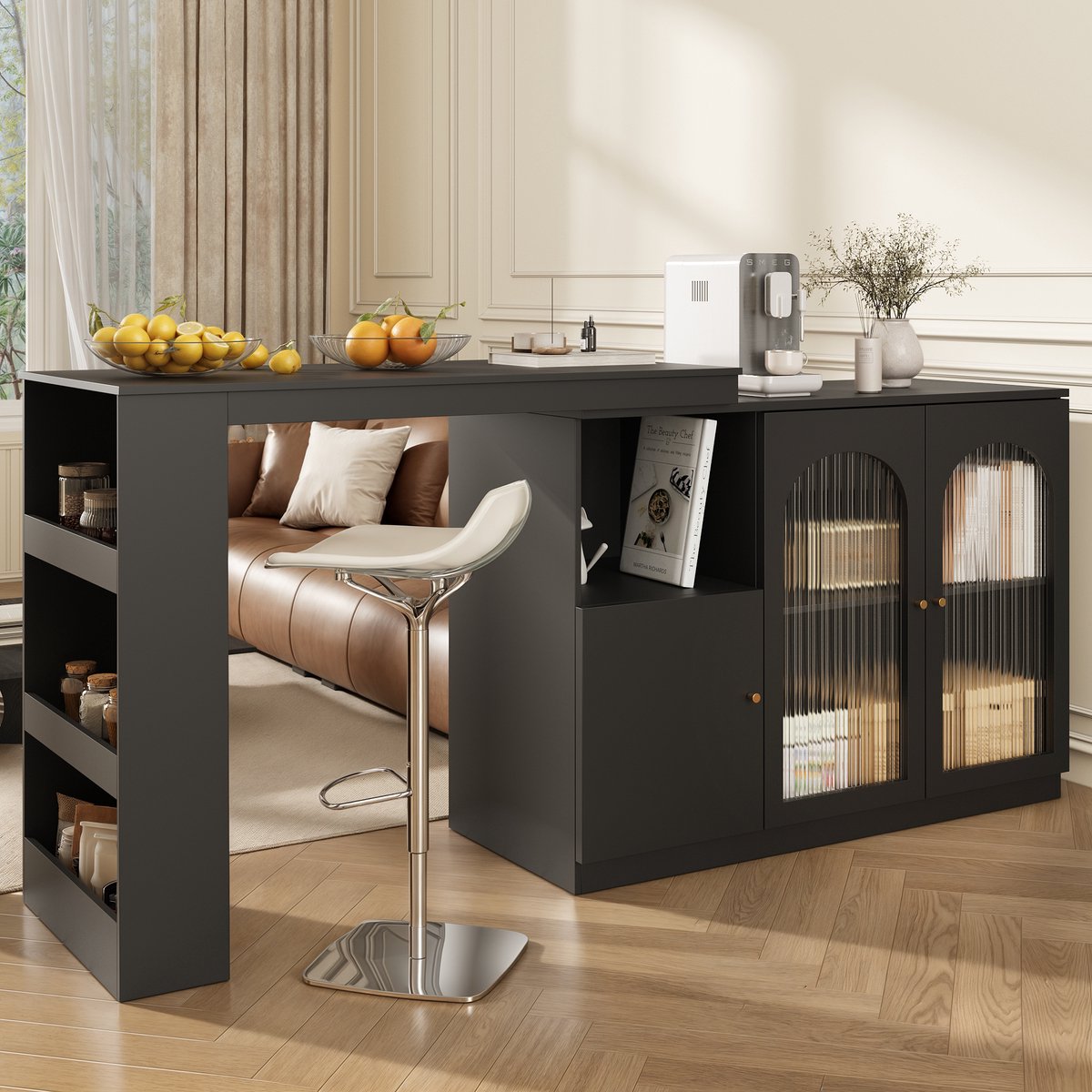 360° Draaibare Bartafel (120x40x97 cm) - Modern Zwart Draaimeubel met Glas Deur - Multifunctionele Opbergkast voor Eethoek of Bar