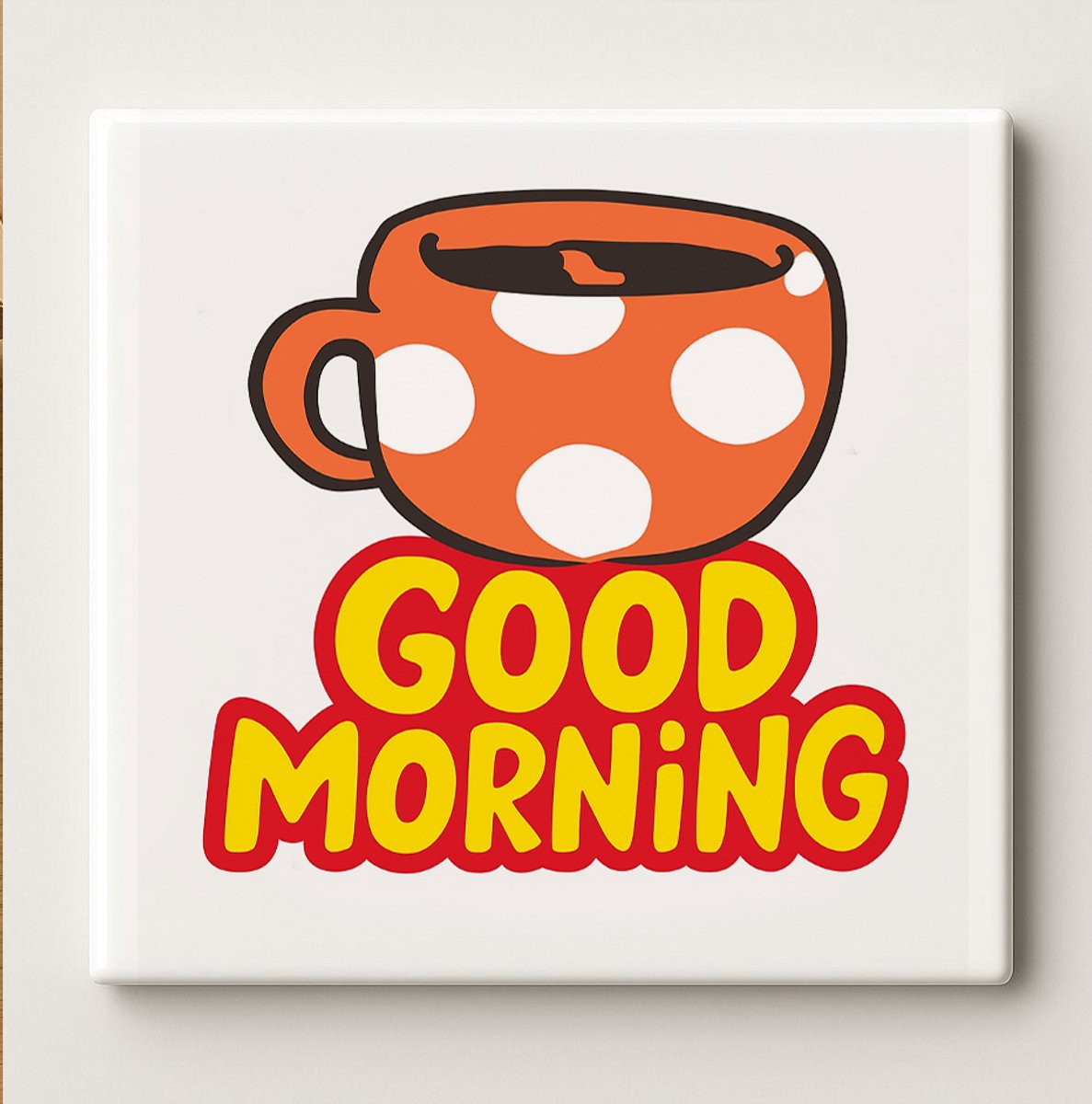 Nevolis Good Morning Keramische Tegel 15x15 cm – Schattig Koffiekopje met Stippen Ontwerp – Vrolijke Wanddecoratie voor Keuken & Koffieliefhebbers Multi Color