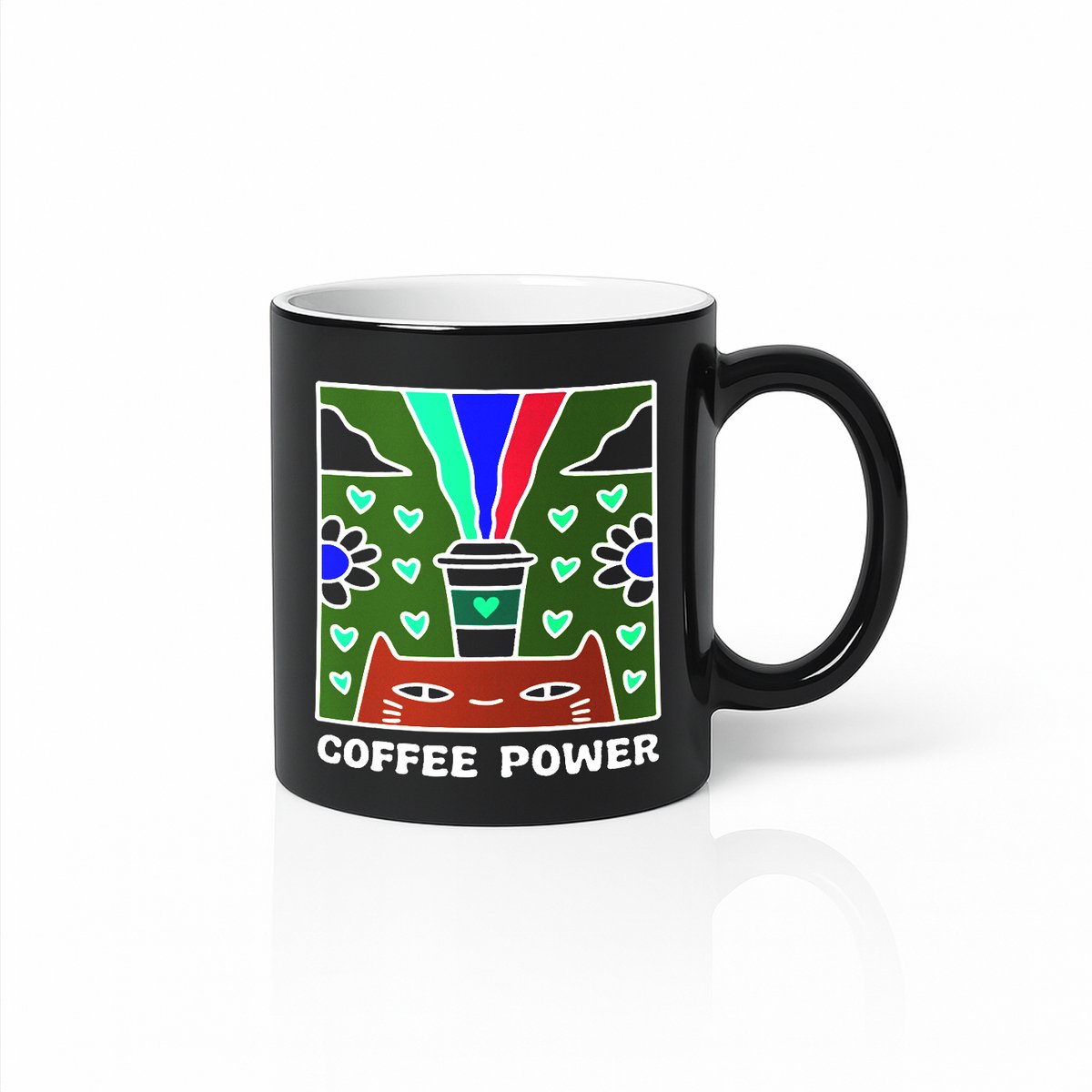 Black Magic Mug 330ml – “Coffee Power” Kleurrijke Kat & Koffie Kunstdesign Koffiebeker