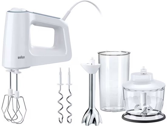 Witte Braun handmixer met gardes, deeghaken, staafmixeropzetstuk, glas en hakmolen.