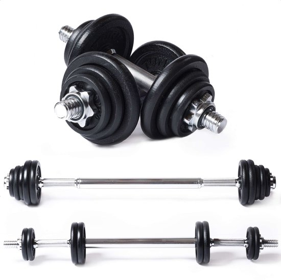 Tunturi Halter en Dumbells Gietijzer - Halterset 20 kg - Halterstang met Gewichten - Barbell Set - Schroefsluiting 30 mm - Anti Slip Grip