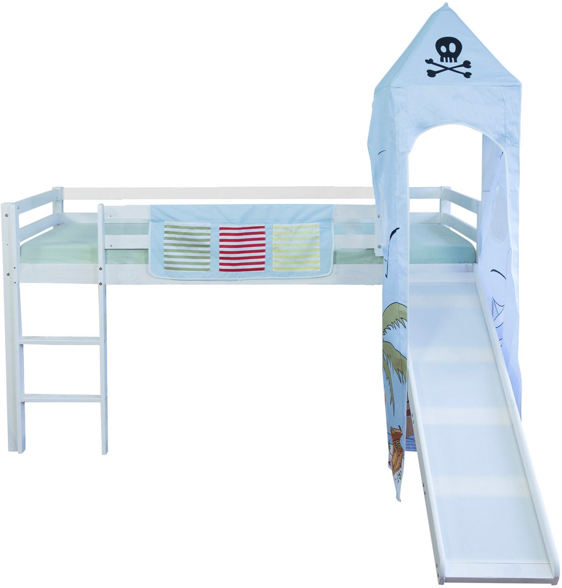 Homestyle4u Hoogslaper - 90x200 cm - met ladder - met glijbaan - blauw Wit