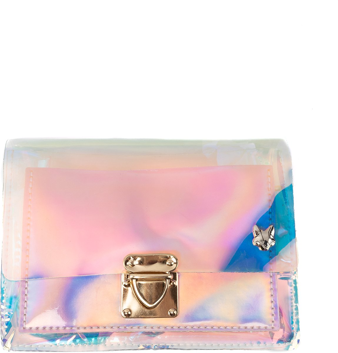 KIMU® Clutch Holografisch Transparant Roze - Iridescent Tasje Schoudertasje Gouden Gesp - Schoudertas Klein Ketting Goud Tas Regenboog Metallic Festival