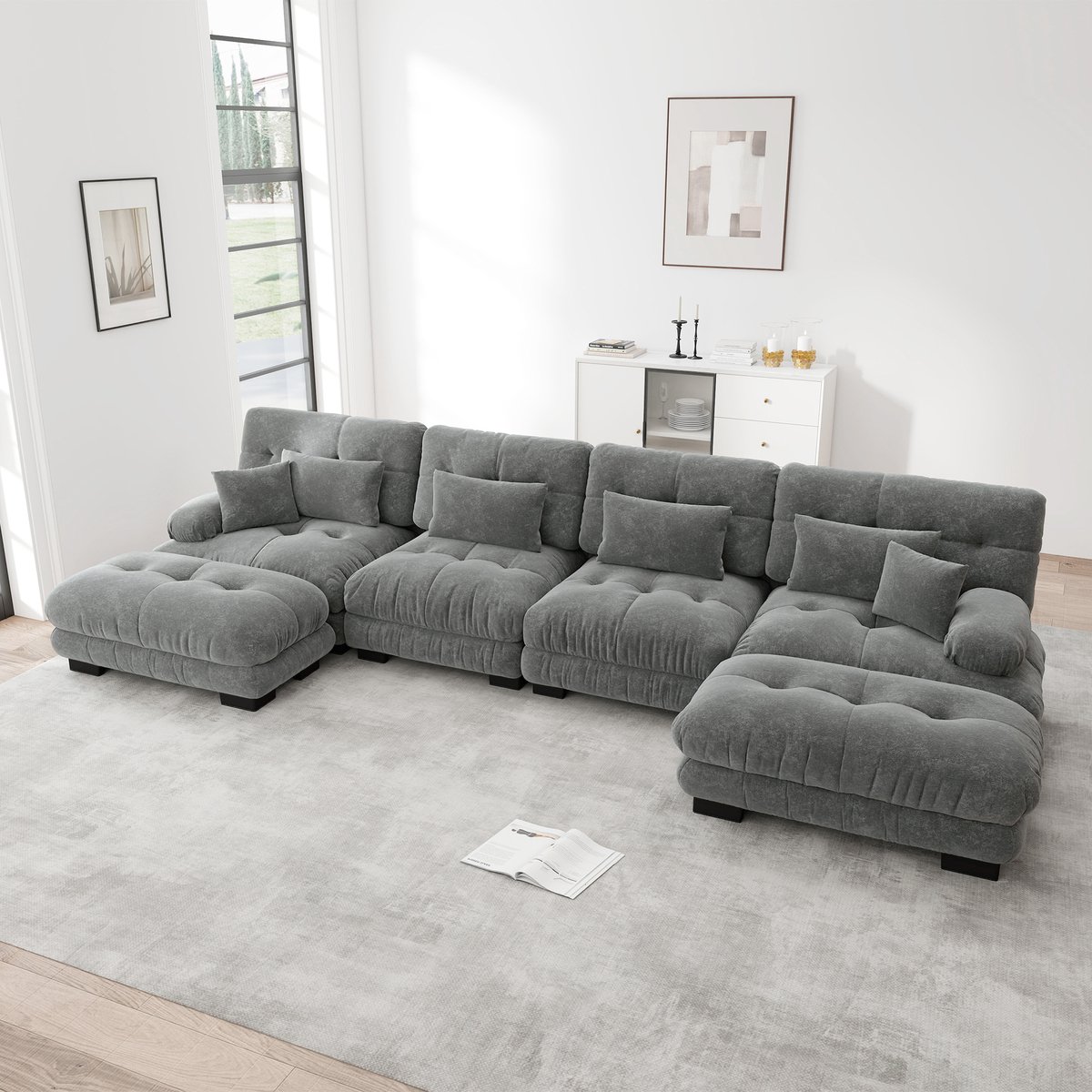 intebiki Re-Purelife® Grote Hoekbank U-vormig 4-zits - Extra Zacht Cloud Sofa met Hoge Kwaliteit Schuim - Moderne Woonbank met Verplaatsbare Ottoman - Luxe Chenille Stof - Drukbestendig & Duurzaam - 406x145x81 cm - Grijs