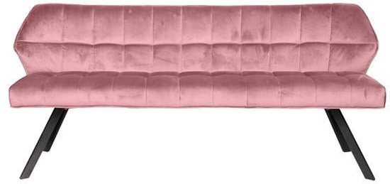 Roze velours eetkamerbank met capitonnering op de rugleuning en zitting, met schuine zwarte pootjes.
