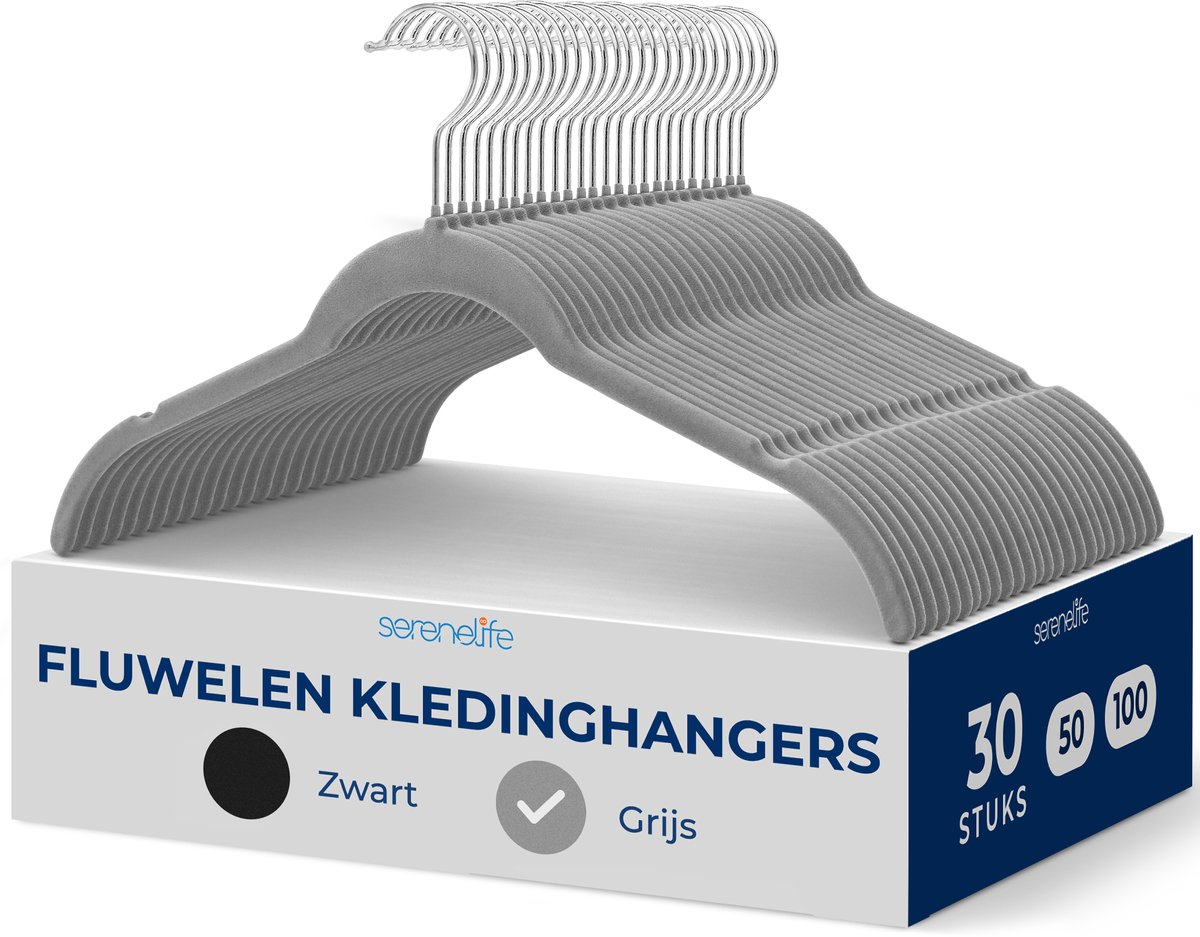 SereneLife Kledinghangers – 30-delige Set Grijze Fluwelen Hangers - Zwarte Antislip Hangers met Gemakkelijke Grip - 360° Draaibare Haak