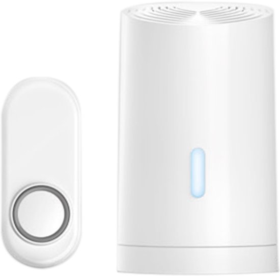 Draadloze deurbelset: witte drukknop met ring en witte ontvanger met blauwe led.